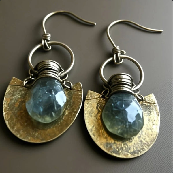 Vintage Boho Drop Earrings – Faceted Blue Crystal with Hammered Brass Fan Charms