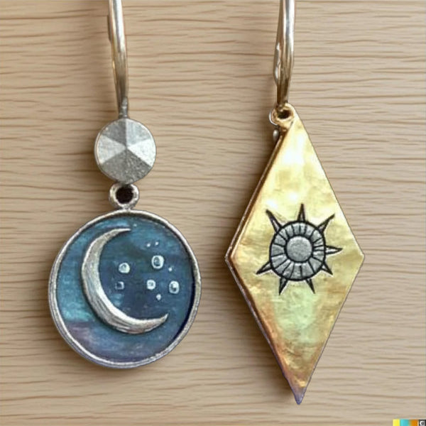Sun & Moon Mismatched Earrings – Celestial Mixed Metal Dangles with Night and Day Design