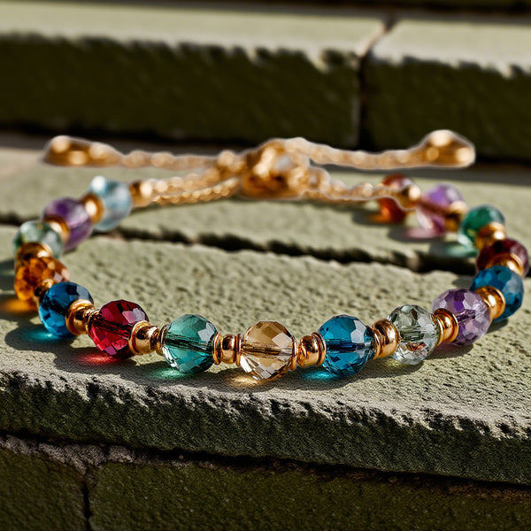 Multicolor Crystal Beaded Bracelet – Adjustable Gold-Tone Boho Chic Jewelry