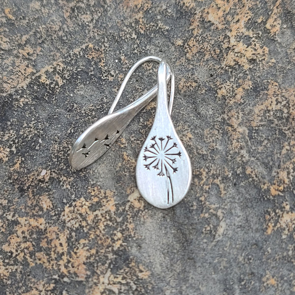 Asymmetrical Dandelion Drop Earrings – Brushed Silver Teardrop Earrings with Wish Motif
