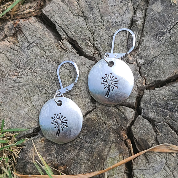Handmade Brushed Silver Dandelion Earrings – Round Drop Earrings with Leverback Hooks