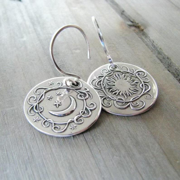 Handmade 925 Silver Earrings – Carved Sun and Moon Women’s Design