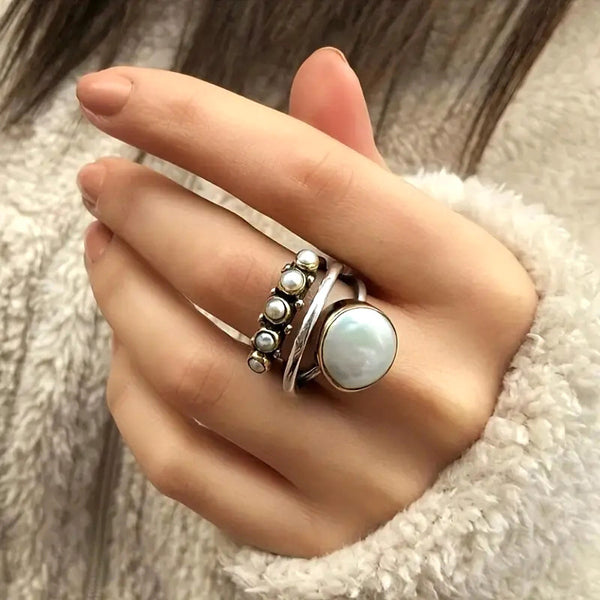 Vintage Pearl & Sterling Silver Stacking Ring Set