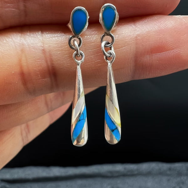 Sterling Silver Inlay Drop Earrings – Teardrop Blue & Cream Striped Dangle Earrings