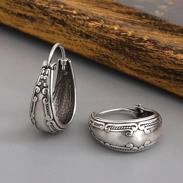925 Silver Engraved Flower Earrings for Women