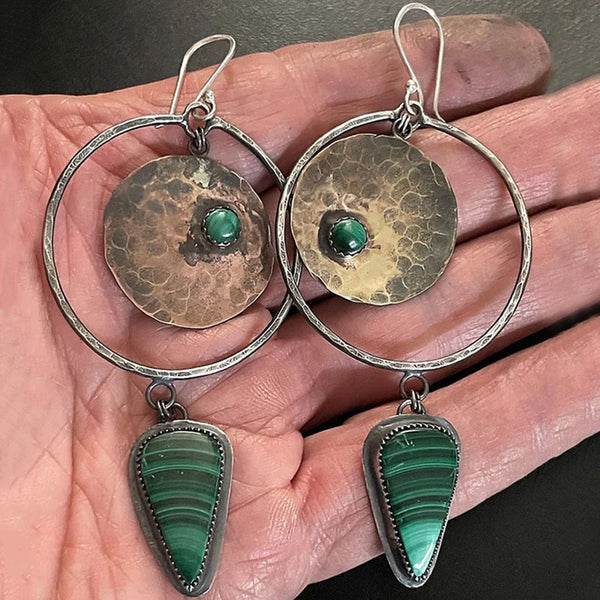 Handcrafted and inlaid malachite pendant earrings for women