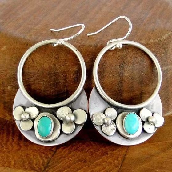 Silver Turquoise Earrings – Handcrafted 925 Sterling Silver Round Design