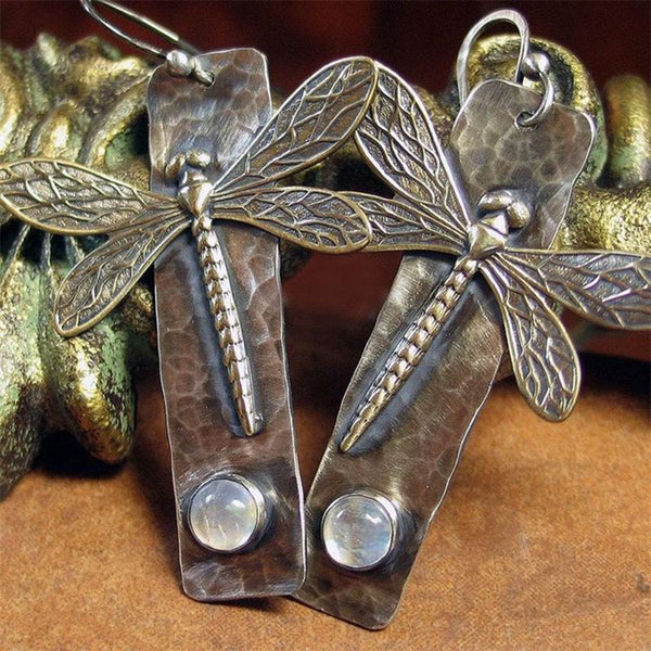 Handmade Dragonfly Inlaid Moonstone Women's Earrings