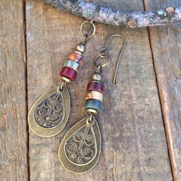 Bohemian bronze carved pendant earrings