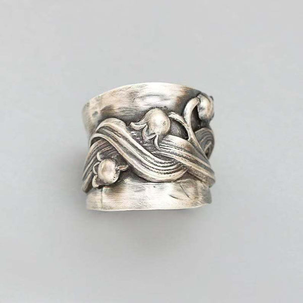 Handcrafted Silver Ring with Lily of the Valley Design, Artisan-Made Statement Jewelry