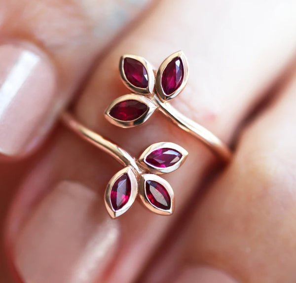 Handcrafted Ruby Leaf Rose Gold Ring