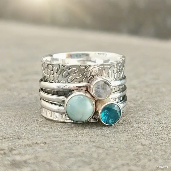 Bohemian Handmade Stacking Ring Set with Turquoise, Zircon, Moonstone for Women