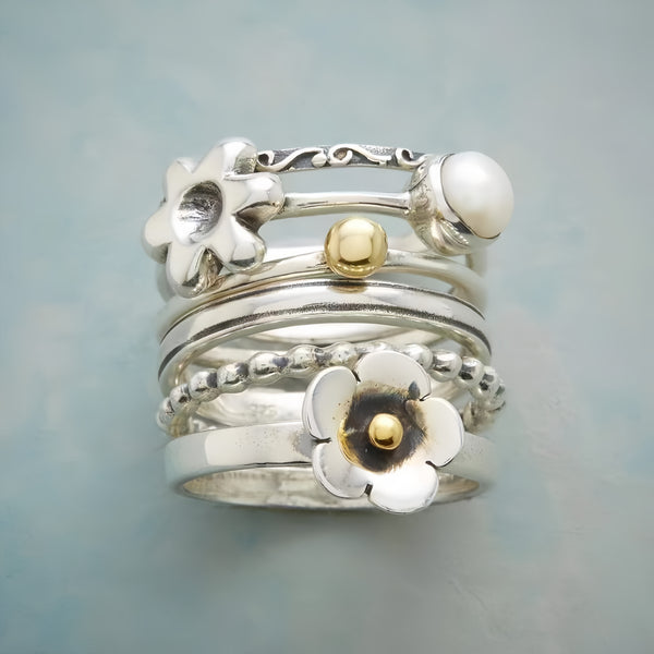 Handmade Sterling Silver Stacking Rings Set with Floral & Pearl Accents - Artisan Crafted for Women