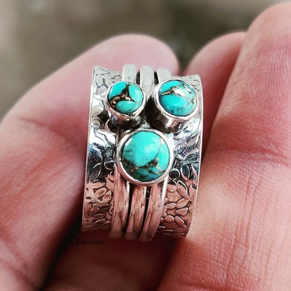 Handmade Turquoise Sterling Silver Ring, Artisan Crafted Boho Ring for Women, Unique Floral Design Jewelry