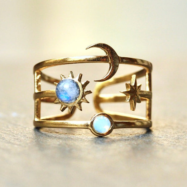 Adjustable handmade celestial ring with moonstone and opal - unique sun, moon and star design for women