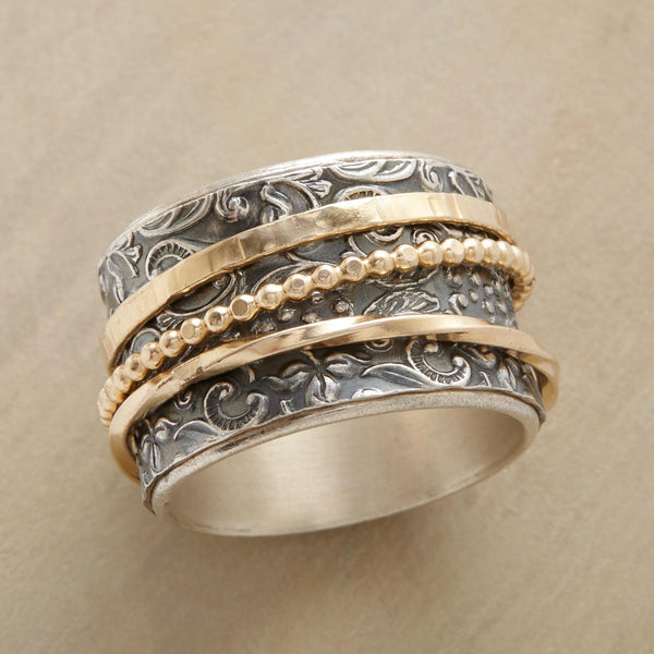 Handcrafted Two - Tone Spinner Ring with Floral Engraving - Artisan Jewelry for Women