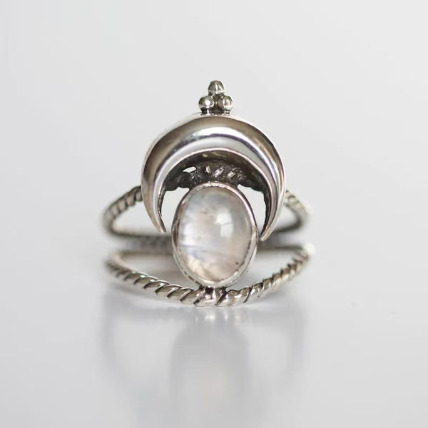 Handmade Moonstone Crescent Moon Ring - Artisan Crafted Sterling Silver Jewelry for Women, Unique Boho Style