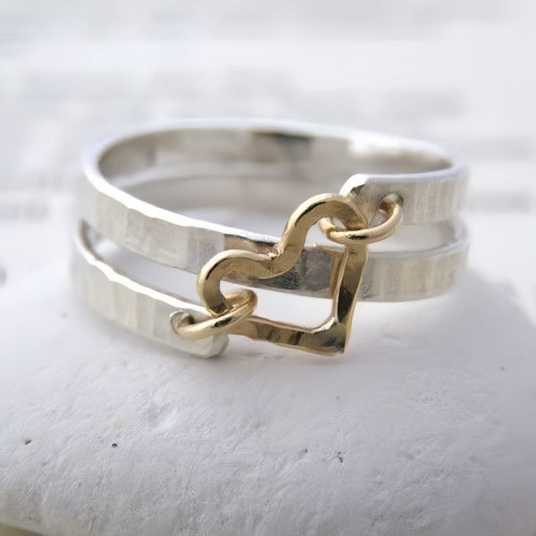 Handmade Two - Tone Heart Ring | Artisan Crafted Silver & Gold - Filled Jewelry for Women