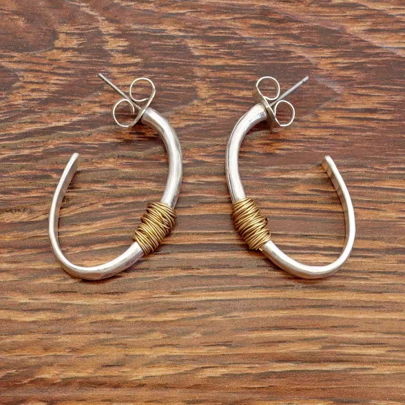 Handmade Silver Hoop Earrings with Gold Wire Wrap, Artisan Crafted Jewelry for Women