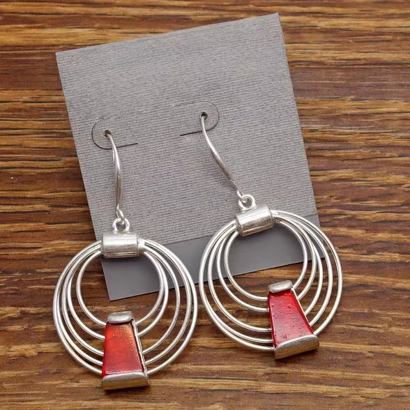 Handmade Silver Hoop Earrings with Red Accent, Artisan Crafted Jewelry for Women