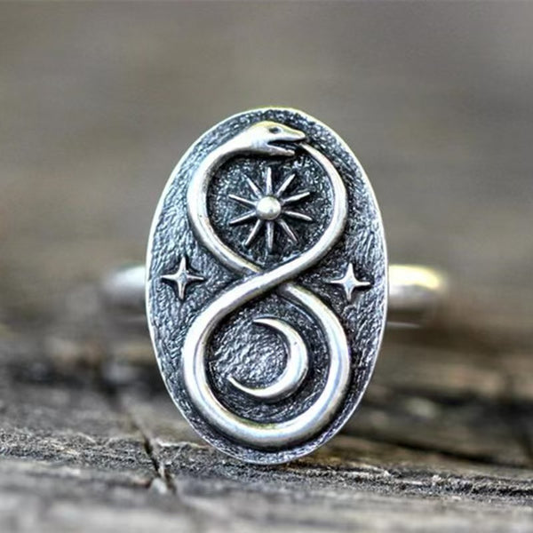 Handmade Ouroboros Sterling Silver Ring with Sun, Moon & Stars - Artisan Crafted for Spiritual Jewelry Lovers