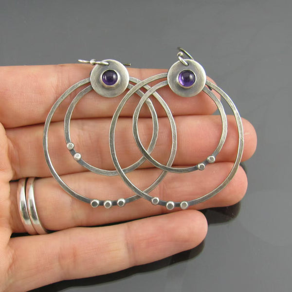 Handmade Sterling Silver Amethyst Hoop Earrings, Artisan Crafted Jewelry