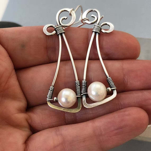 Handmade Silver Pearl Earrings, Artisan Crafted Dangle Earrings for Women, Unique American Style Jewelry