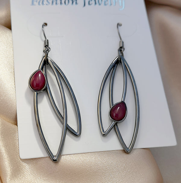 Handmade Asymmetric Geometric Drop Earrings with Red Gemstone - Unique Fashion Jewelry for Women