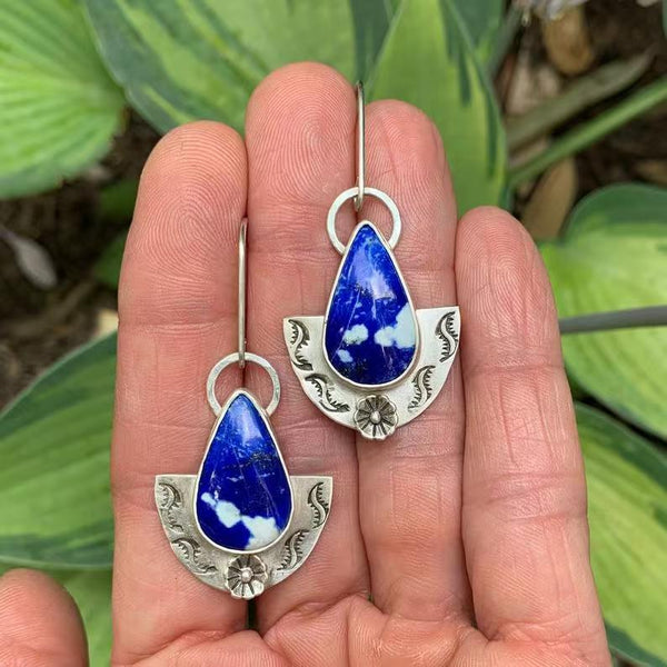 Handmade Lapis Lazuli Teardrop Earrings with Sterling Silver Details, Artisan Crafted Boho Jewelry for Women