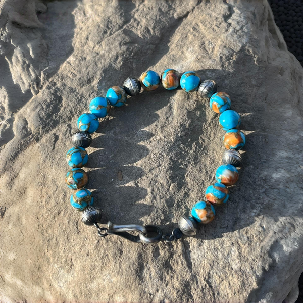 Navajo style handmade bracelet for men and women with Mojave turquoise and silver beads, vintage jewelry