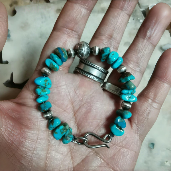 Navajo turquoise silver bead bracelet totem beads bell beads Indian style vintage Navajo bracelet