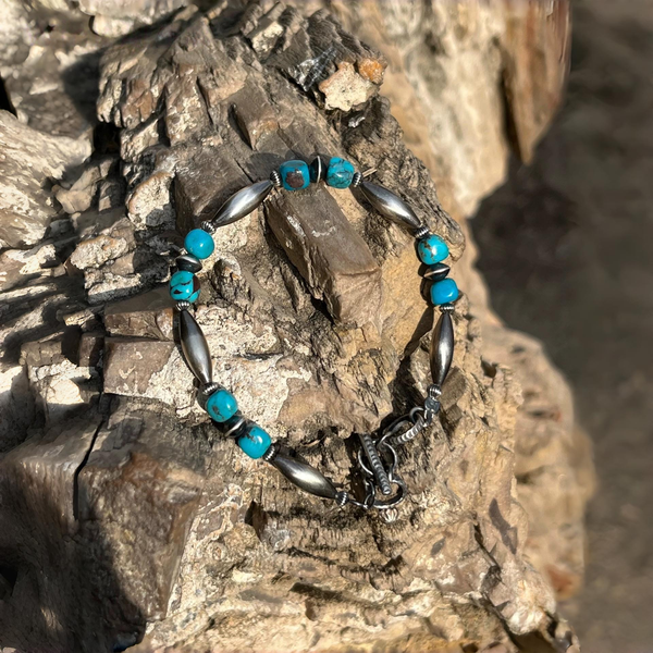 Navajo turquoise sterling silver bracelet Navajo silver beads Indian vintage bracelet for men and women
