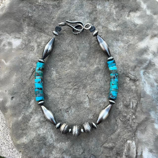 Navajo Style Handmade Bracelet with Kingman Turquoise & Sterling Silver Beads