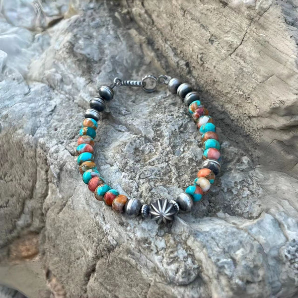 Handmade Mohave Turquoise Navajo Silver Bead Vintage Bracelet for Men and Women
