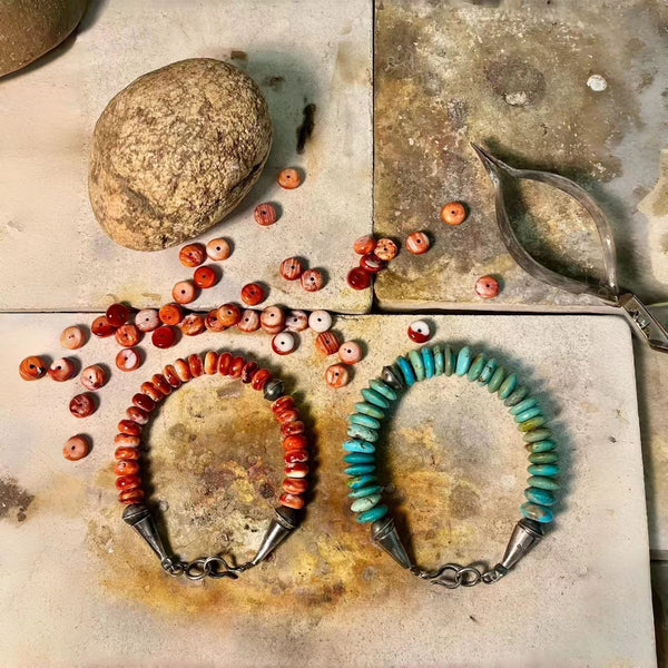 925 silver handmade spiny oyster, turquoise, Navajo silver beads, ice cream bucket vintage bracelet