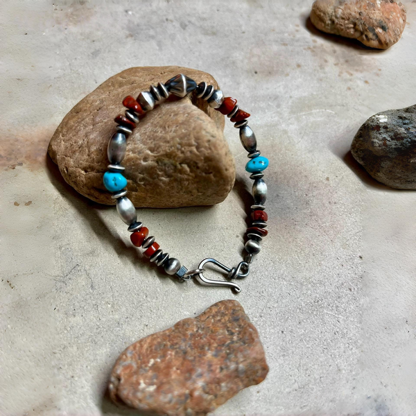 Handmade women's 925 silver bracelet inlaid with goldman turquoise & red natural gemstones