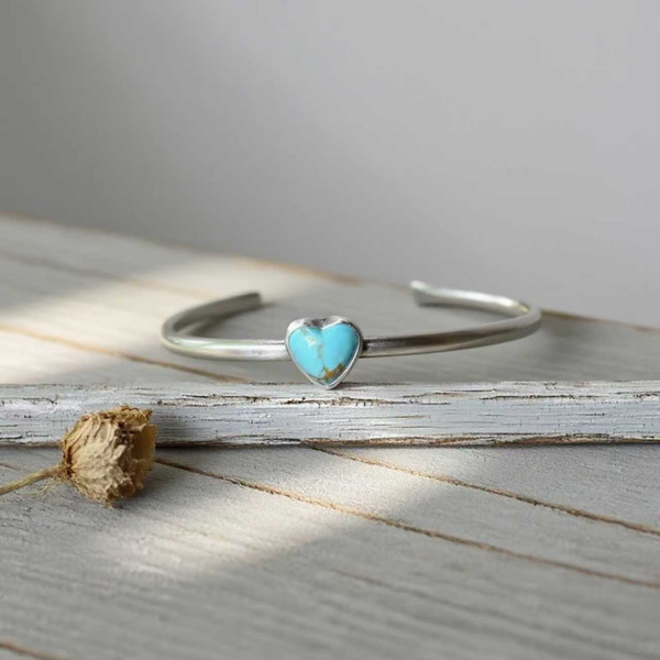 Handmade Kingman Turquoise Heart Cuff Bracelet: Sterling Silver Bracelet for Women