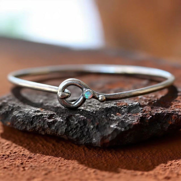 Handmade 925 Silver Adjustable Bangle with Opal Stone, Vintage Style Women's Bracelet