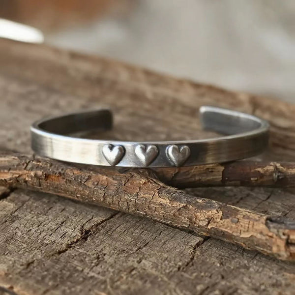 Handmade 925 Sterling Silver Retro Adjustable Heart Cuff Bracelet for Women, Vintage Style Jewelry