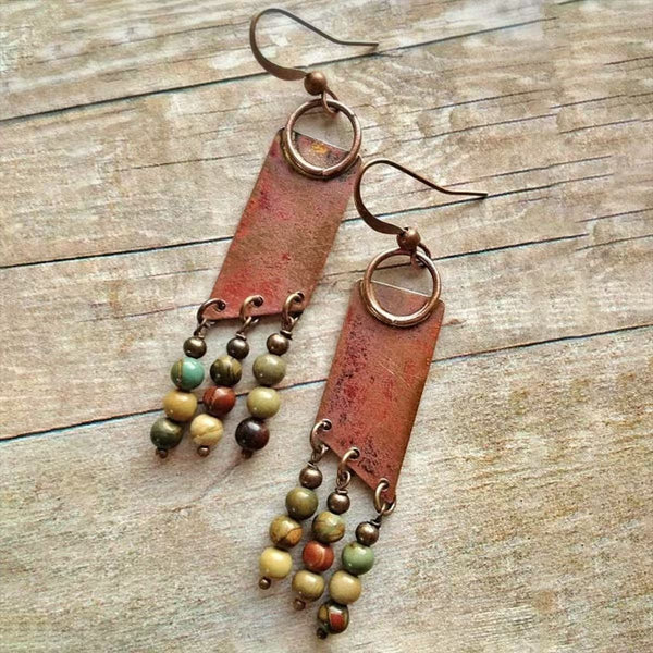 Handmade Vintage Dangle Earrings for Women - Silver & Copper with Beaded Tassels