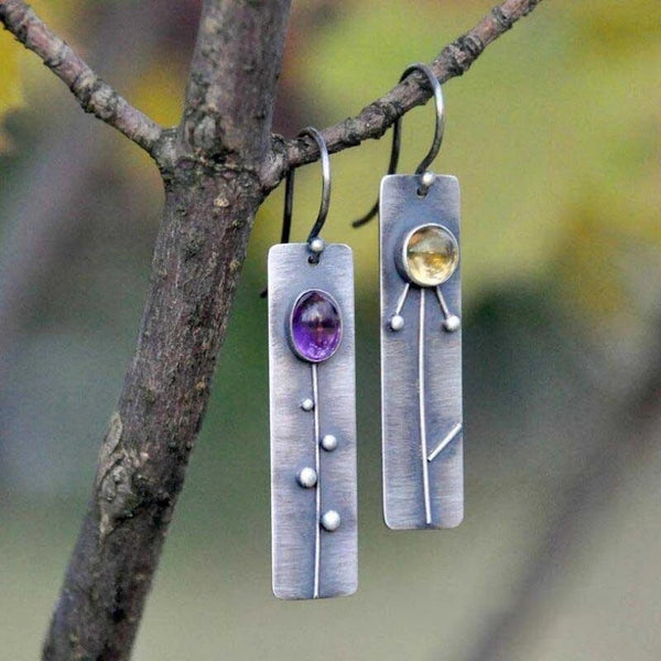 Handmade Vintage Silver Earrings with Amethyst & Citrine Crystals for Women
