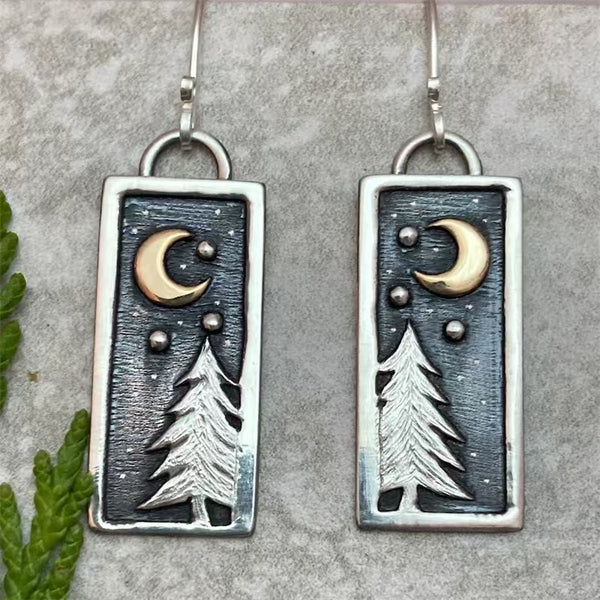 Handmade Bohemian Silver Earrings for Women - Moon and Pine Tree Design