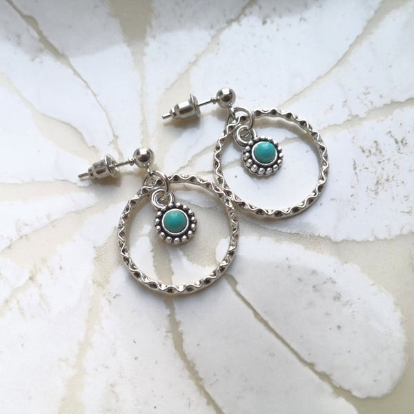 Handmade Bohemian Silver Hoop Earrings with Turquoise for Women