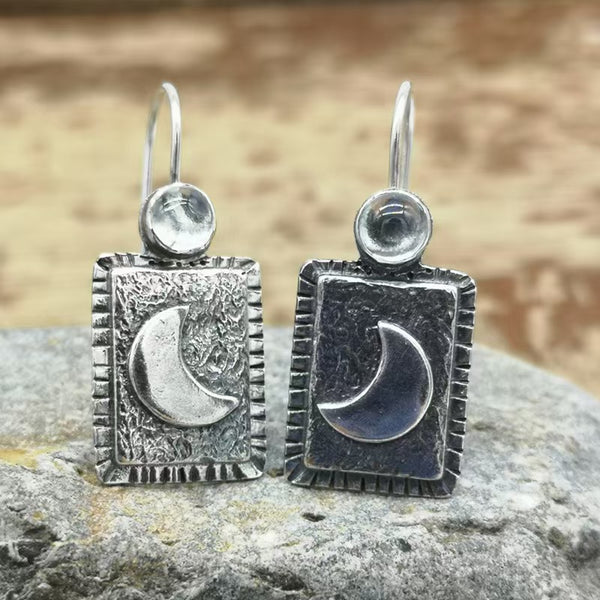 Handmade Bohemian Silver Earrings with White Crystal - Crescent Moon Design