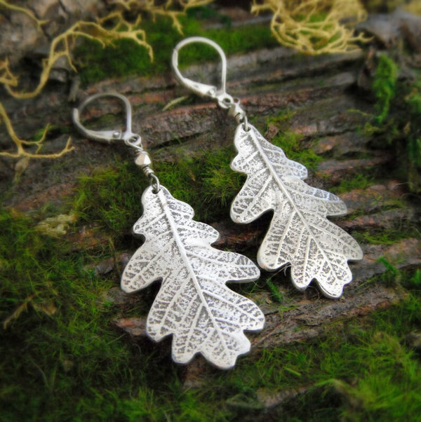 Handmade Bohemian Silver Oak Leaf Earrings for Women