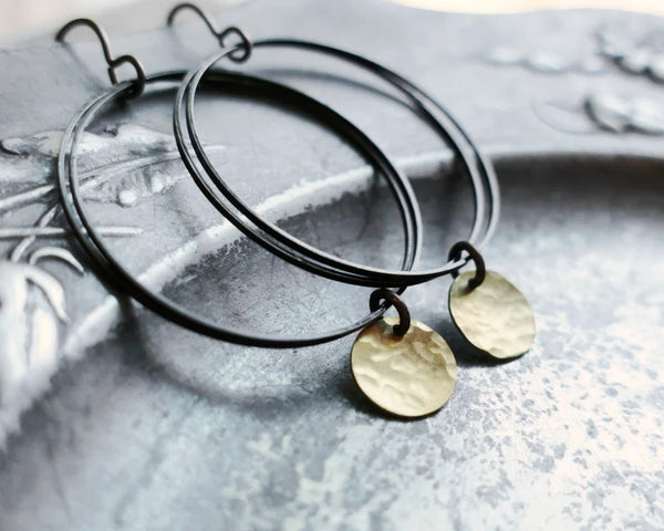Handmade Bohemian Vintage Copper Hoop Earrings with Hammered Discs for Women