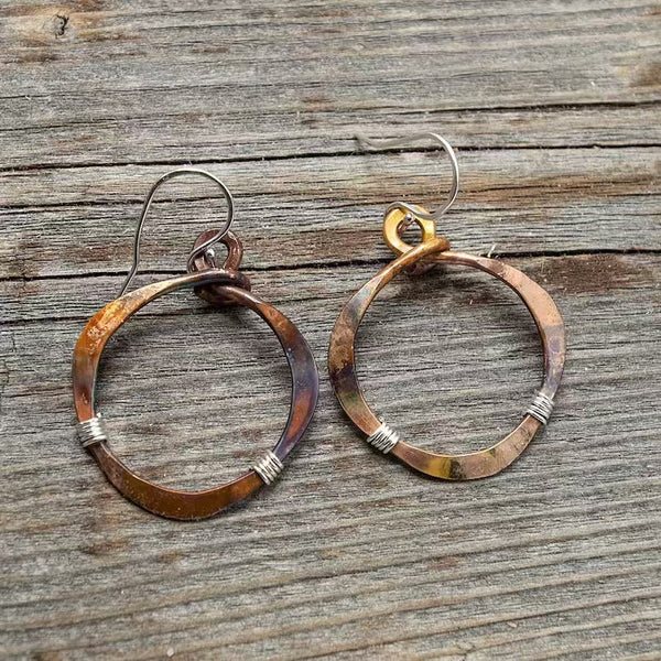 Handmade Vintage Copper Hoop Earrings with Silver Wire Accents for Women