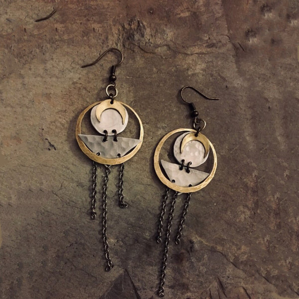 Handmade Vintage Bohemian Earrings for Women - Copper & Silver Moon Design with Chains