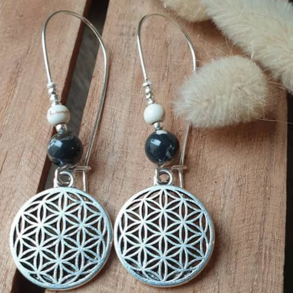 Handmade Vintage Bohemian Silver Earrings with Flower of Life Design