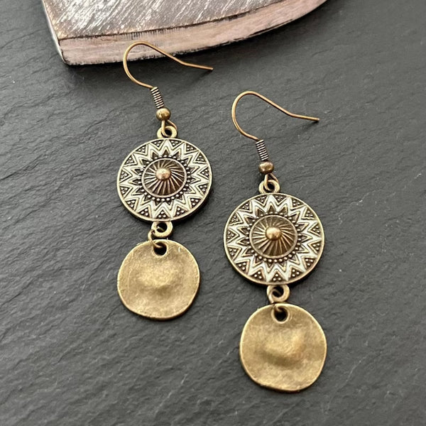 Handmade Vintage Bohemian Copper Earrings with Sunburst Design
